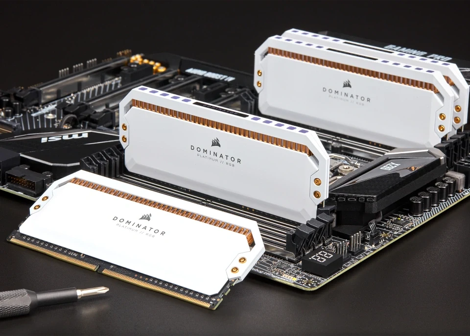 White Dominator RAM modules on motherboard