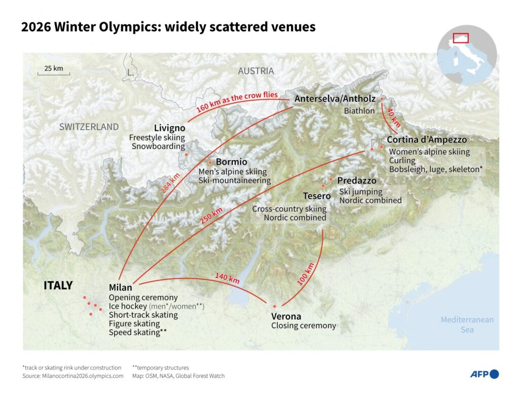Map of northern Italy showing the location of the sites hosting the ceremonies and competitions of the 2026 Winter Olympics in Milan and Cortina d'Ampezzo, and in the distance as the crow flies between the various locations (Graphic by Valentin RAKOVSKY and Laurence SAUBADU / AFP via Getty Images)